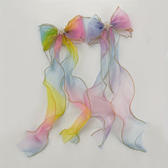 Colorful Bow Ribbon Faux Pearl Chain Hair Clip Princess Lace Barrettes
