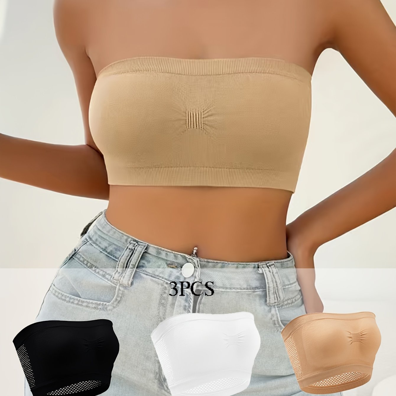 3pcs Strapless Bandeau Bras Comfy & Soft Cut Out Stretch Bra