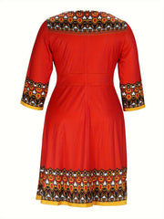  Colorblock Graphic Print Round Neck Dress