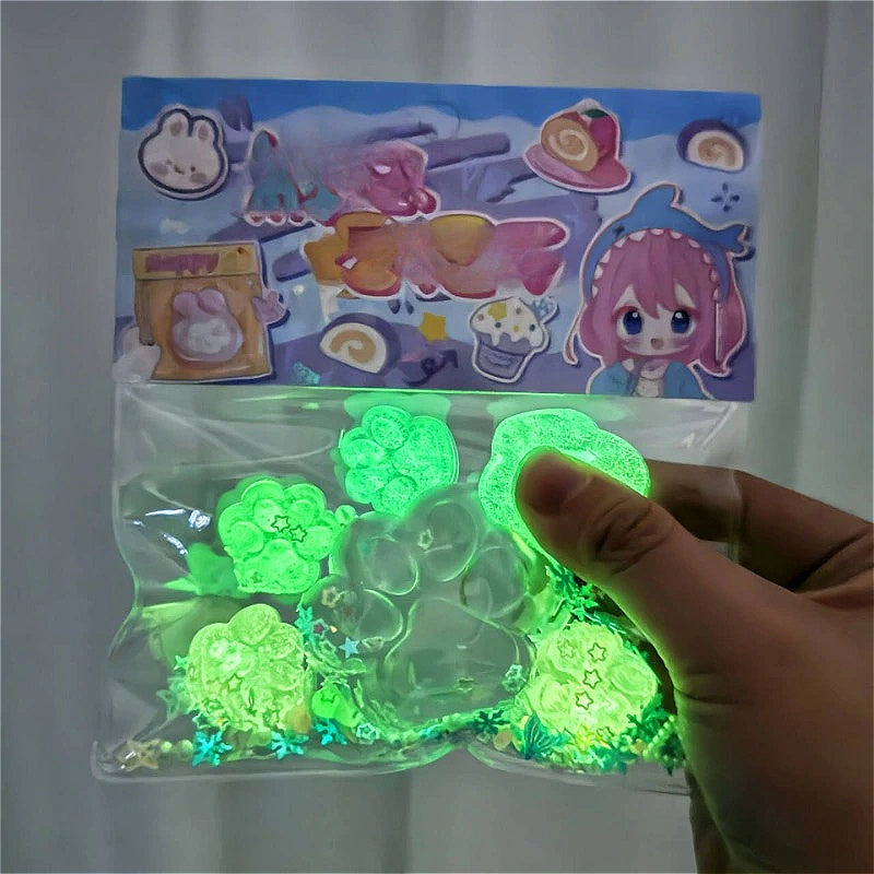6pcs Glow in The Dark Squishy Cat Paw Fidget Toys with Glitter TPR Material