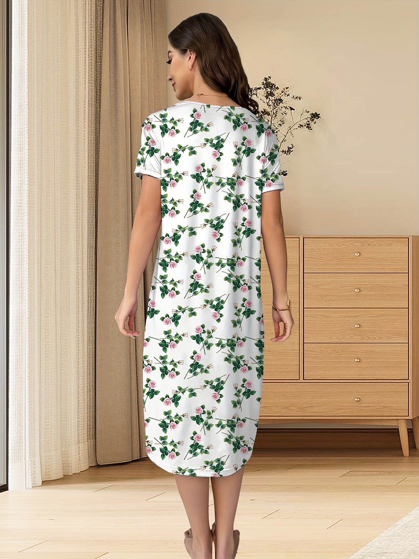 Floral Print Lounge Dress Short Sleeve Crew Neck Women's Loungewear