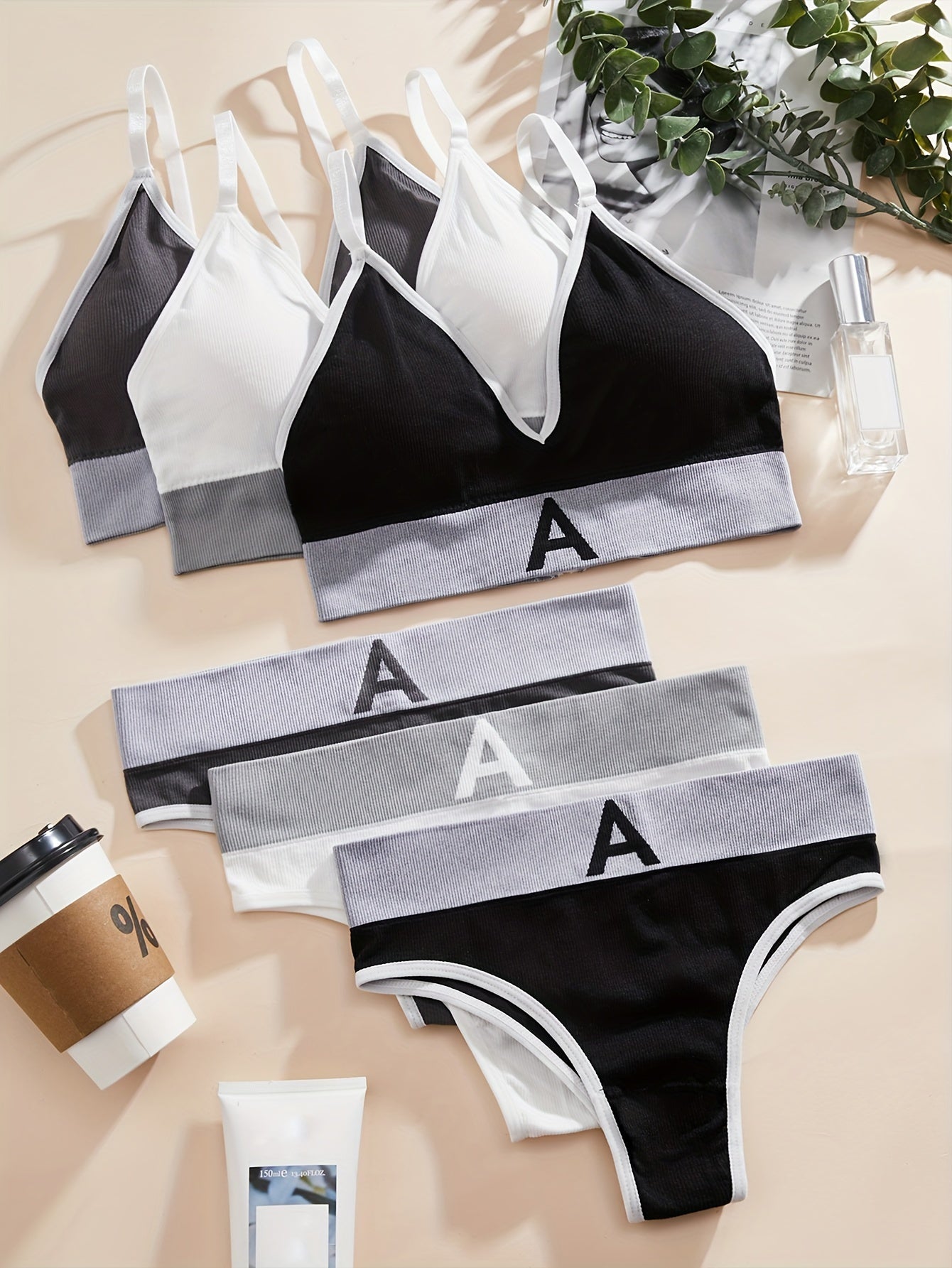 3 Sets Letter Print Bra & Panties Lingerie Set Women's Underwear