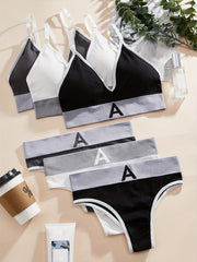 3 Sets Letter Print Bra & Panties Lingerie Set Women's Underwear