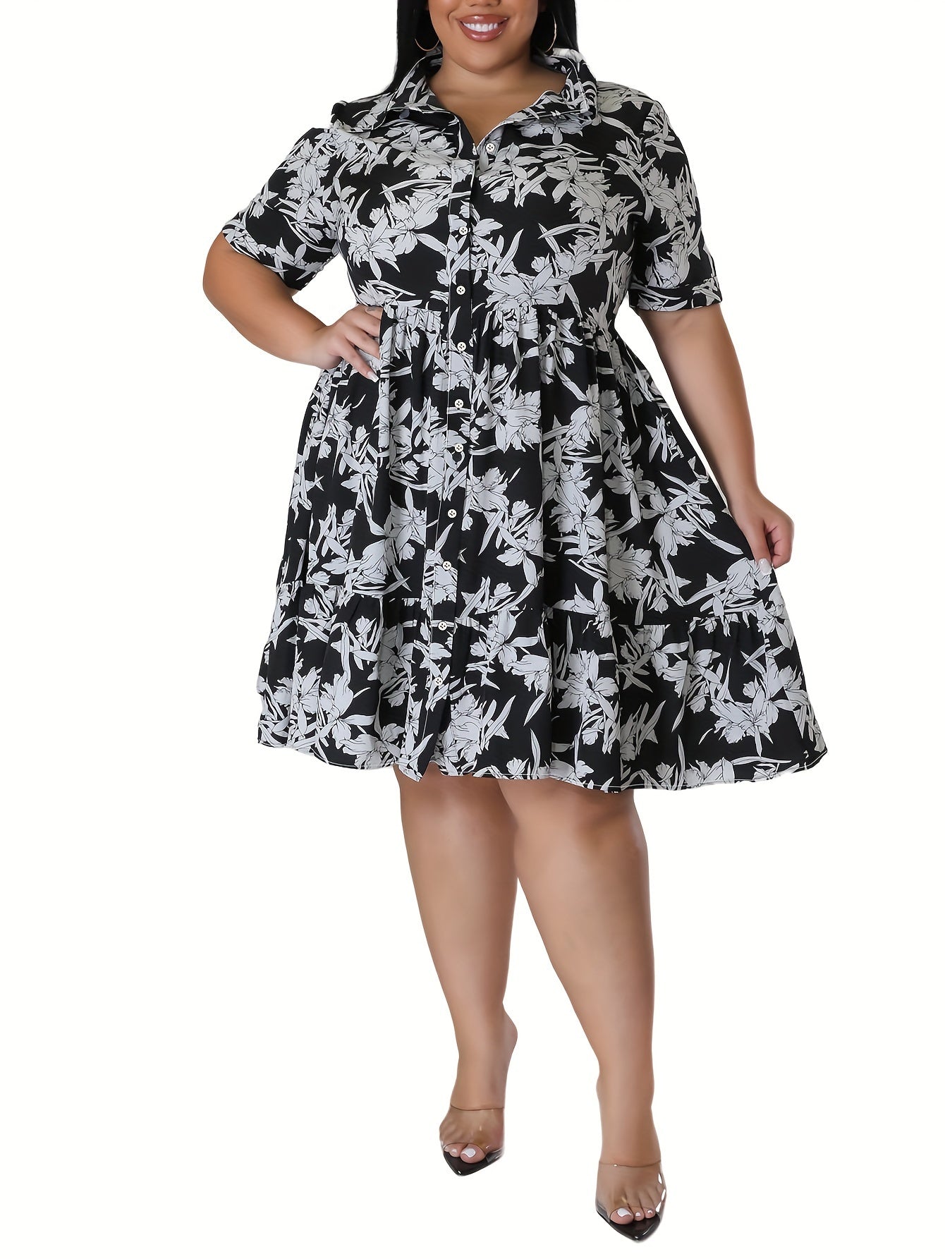  Floral Print Short Sleeve Polo Neck Shirt Dress