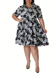  Floral Print Short Sleeve Polo Neck Shirt Dress