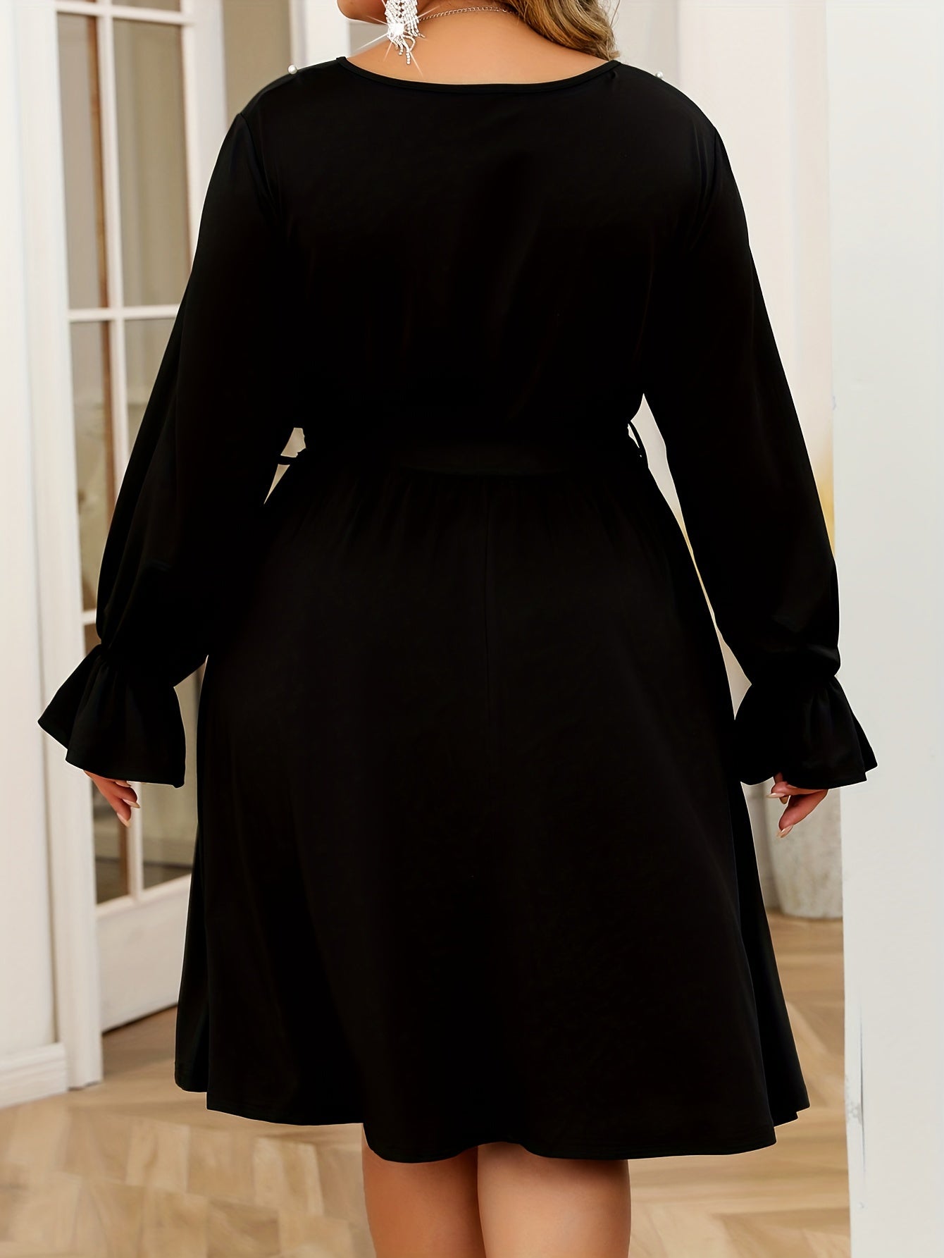  Pearl Beaded Flounce Sleeve Wrap V Neck Dress