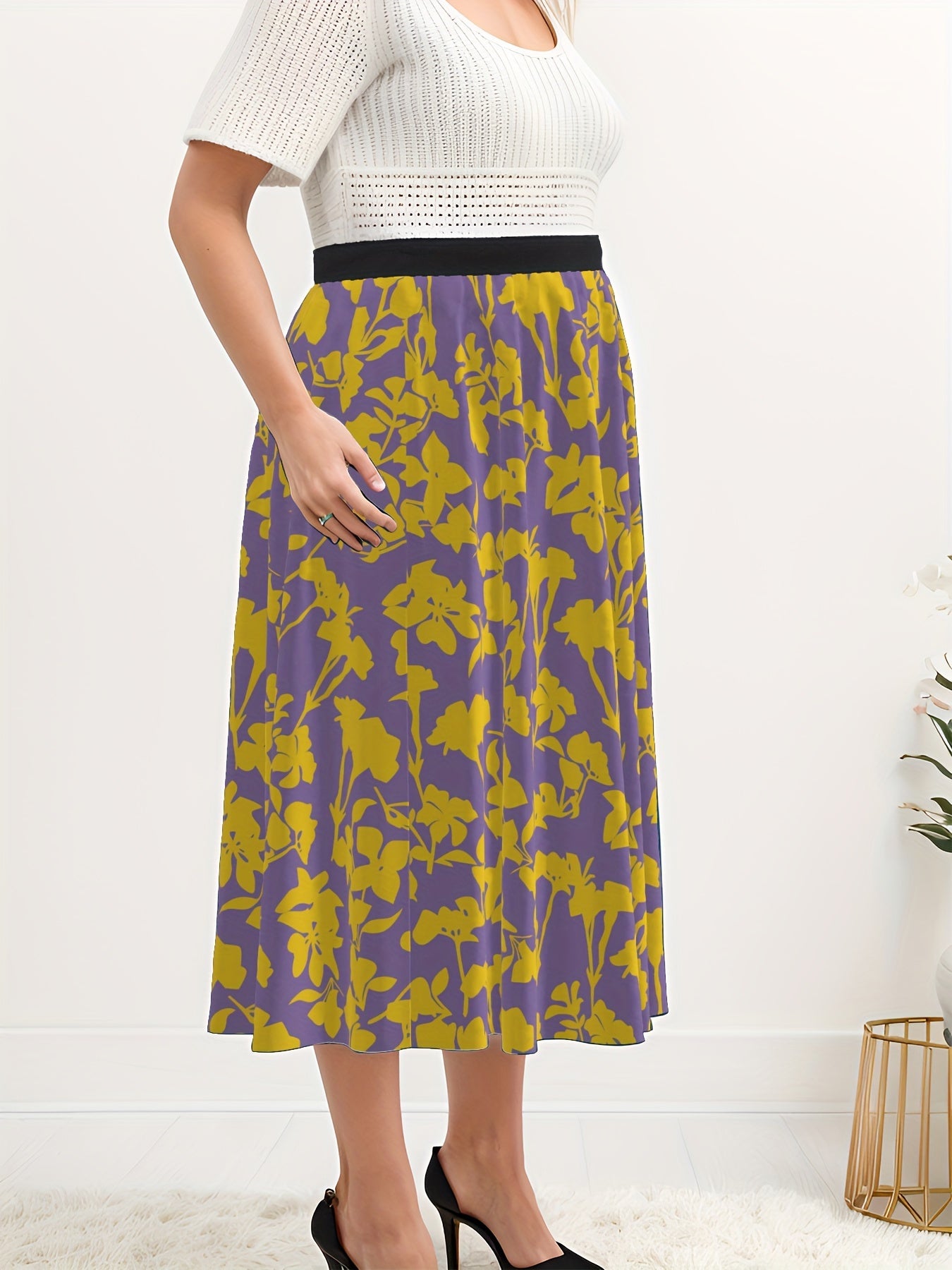  Floral Print Maxi Skirt, High Rise Elastic Waist