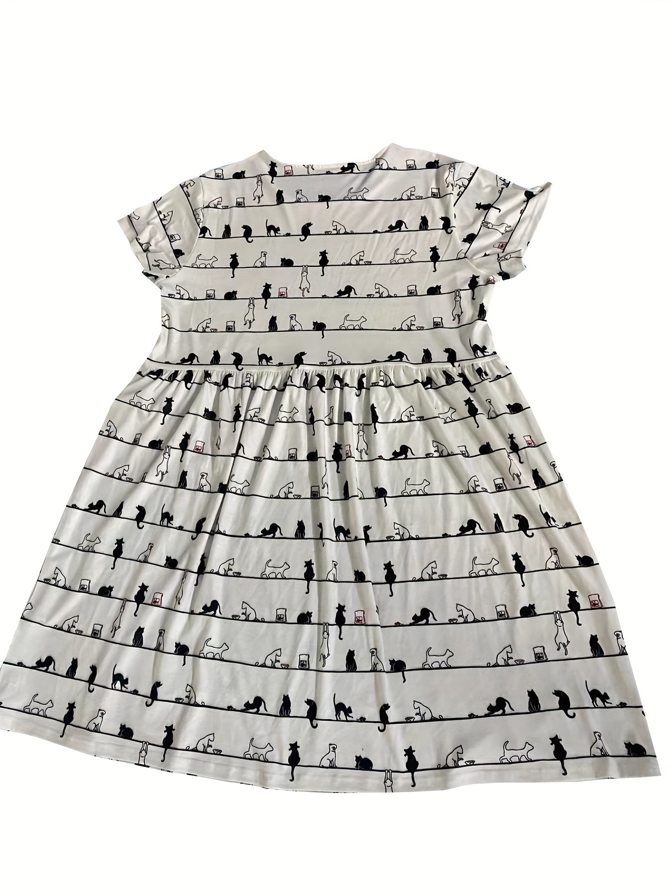  Cat Print Short Sleeve Round Neck Dress