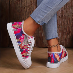 Women's Art Printed Canvas Low Top Sneakers Lace Up Round Toe Casual Shoes