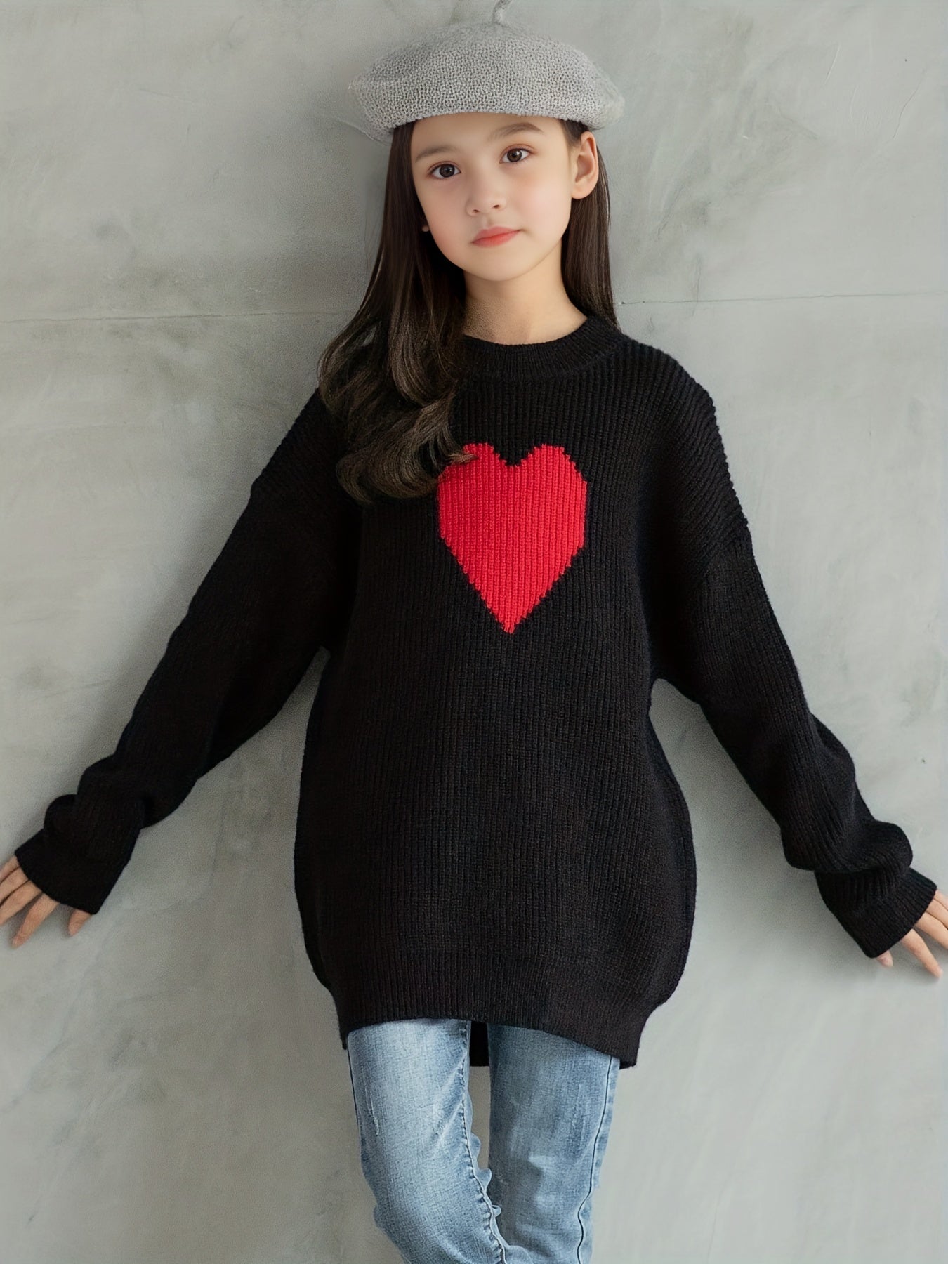 Girls Heart Graphic Knitted Sweater Long Sleeve Casual Top