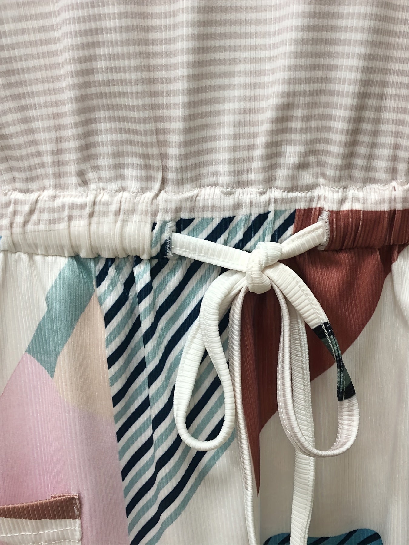  Colorblock Stripe Print V Neck Drawstring Mini Dress