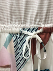  Colorblock Stripe Print V Neck Drawstring Mini Dress