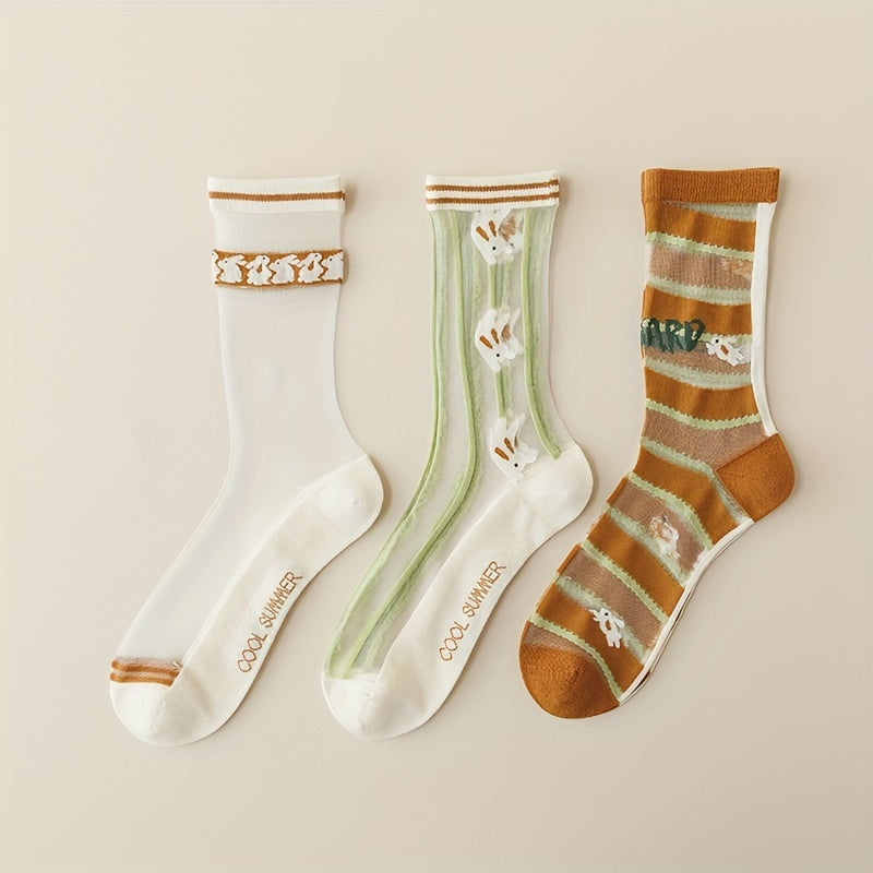 5 Pairs Bunny Print Socks Breathable Mesh Women's Stockings