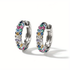 Men's Silver Plate Round Earrings Set with Colorful Zircon, Small Hoop