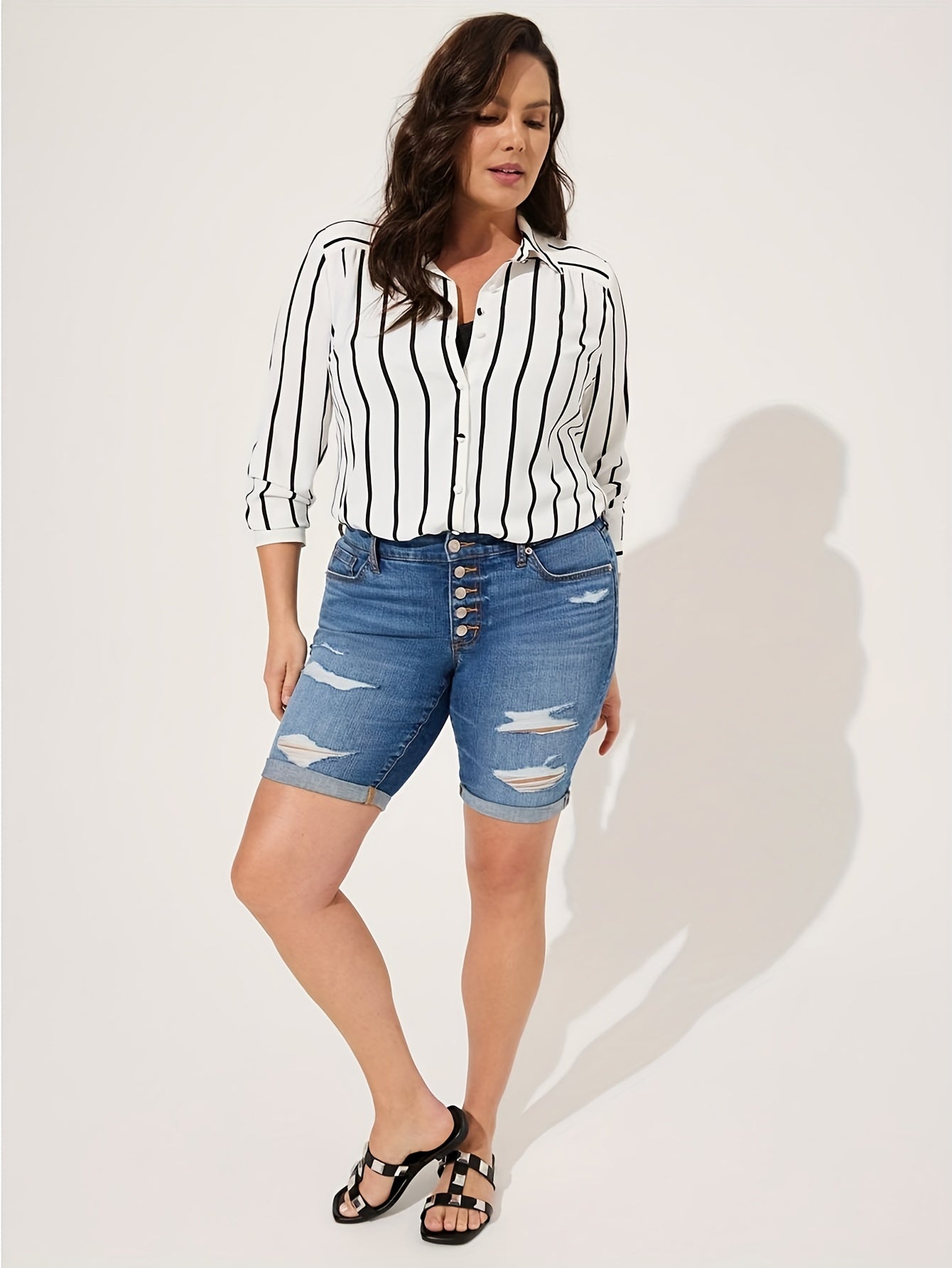  Stripe Print Button Up Long Sleeve Blouse