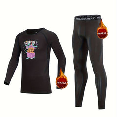 Kids Compression Fleece Sets Cartoon Bear Long Sleeve Pullover & Pants