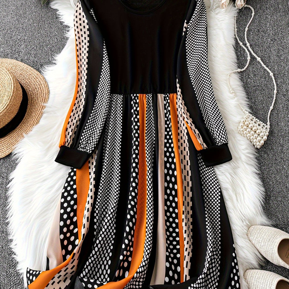  Colorblock Polka Dot Print Long Sleeve Round Neck Dress