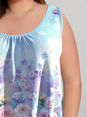  Floral Print Tank Top Round Neck Med Stretch