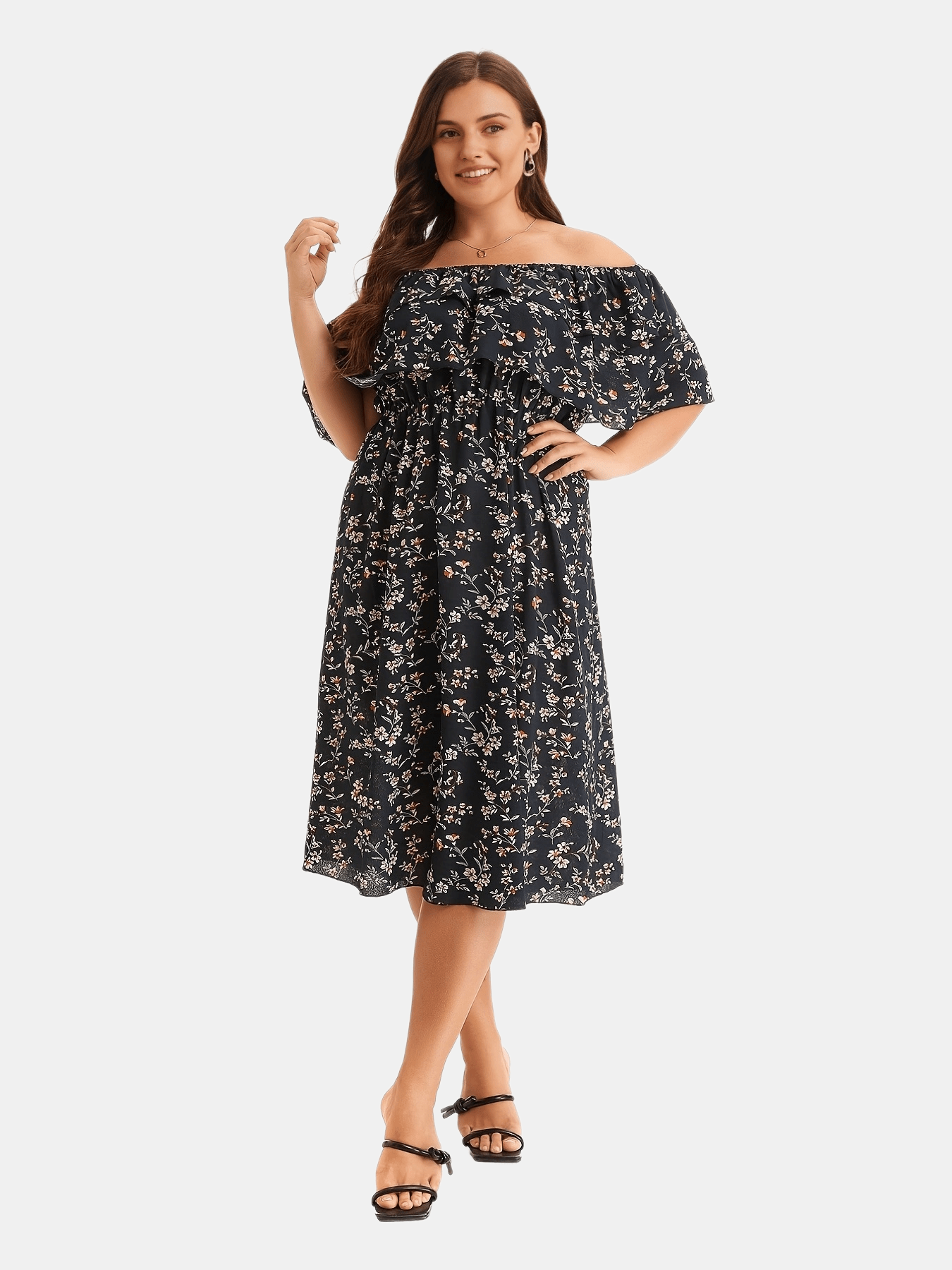  Ditsy Print Off Shoulder Ruffle Trim Dress