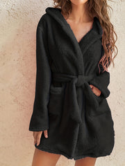  Plush Long Sleeve Hooded Bathrobe