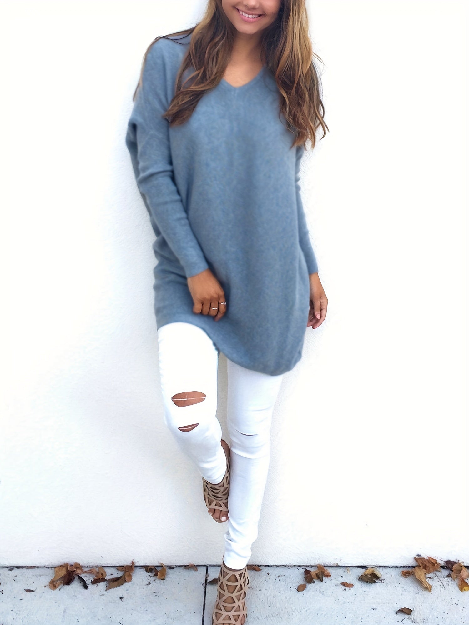 Casual Sweater Women's Plus Solid V-Neck Pullover Jumper