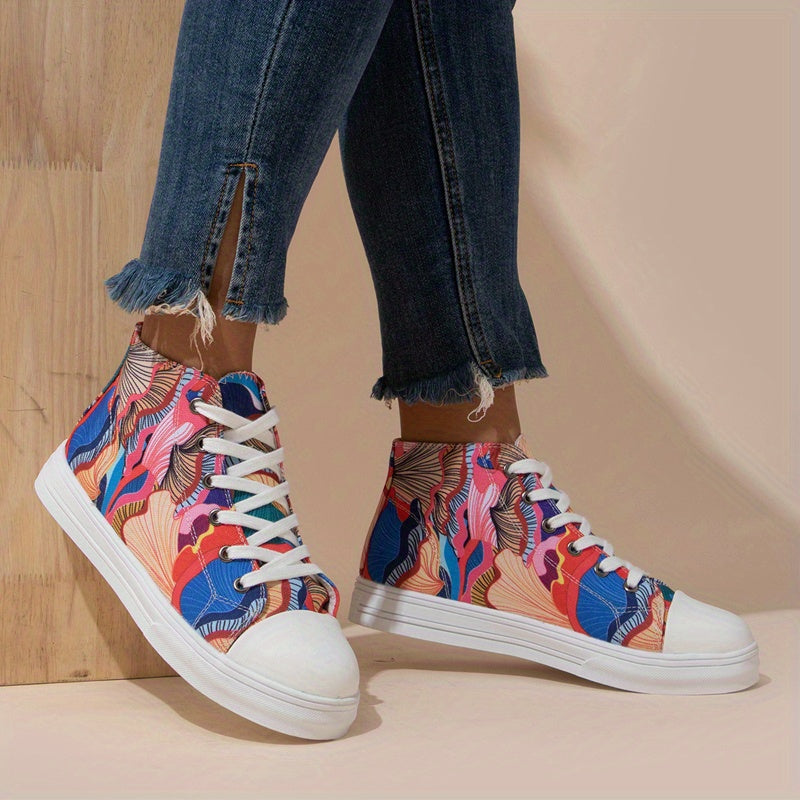 Women's Printed Canvas Mid Top Lace Up Sneakers Lightweight Shoes
