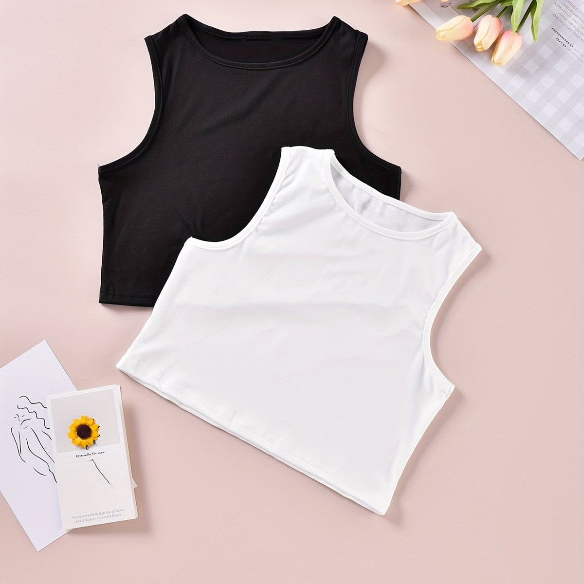 2pcs Solid Tank Tops Crew Neck Sleeveless Top Women's Lingerie
