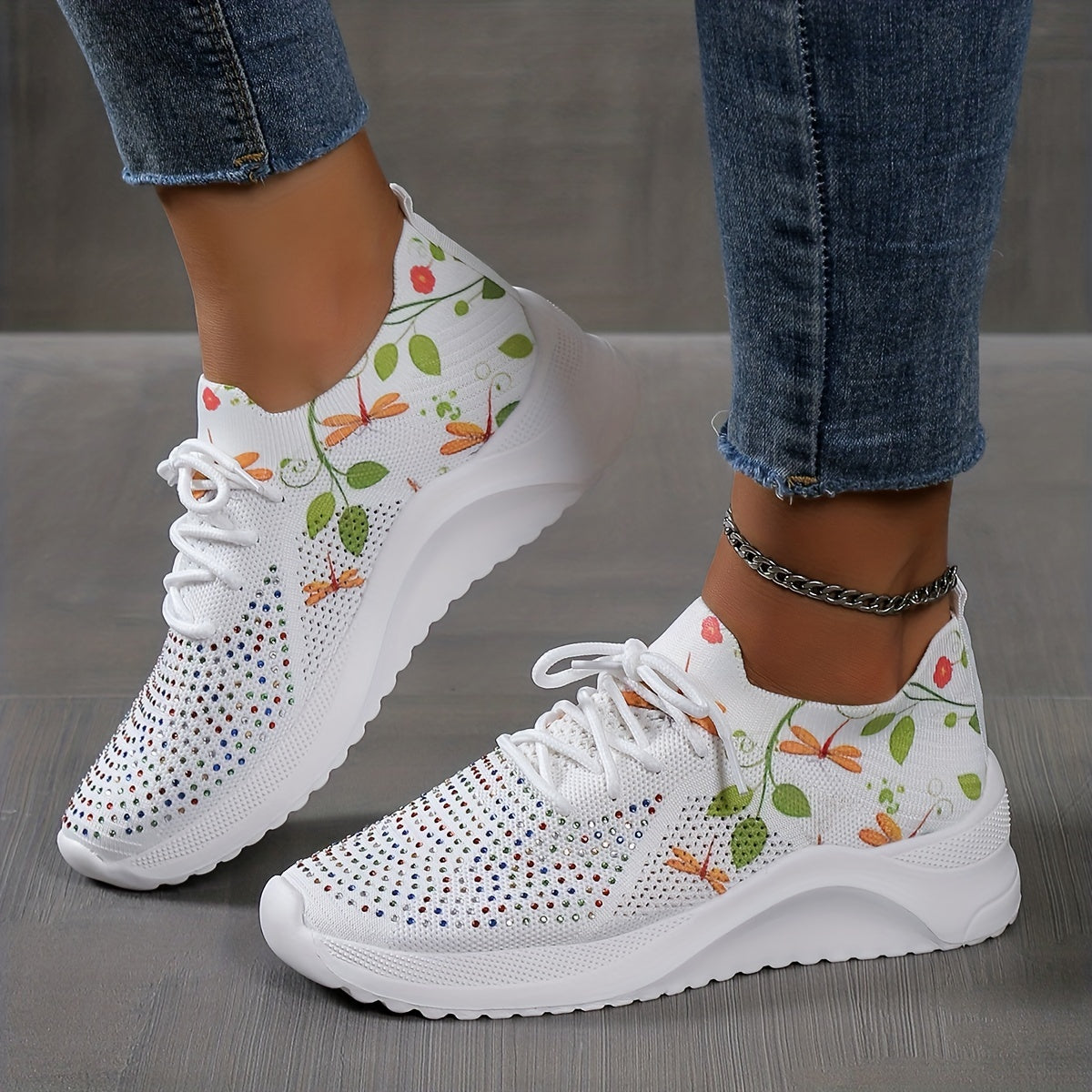 Rhinestone & Leaf Print Lace Up Sneakers Lightweight Sock Outdoor Shoes