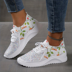 Rhinestone & Leaf Print Lace Up Sneakers Lightweight Sock Outdoor Shoes