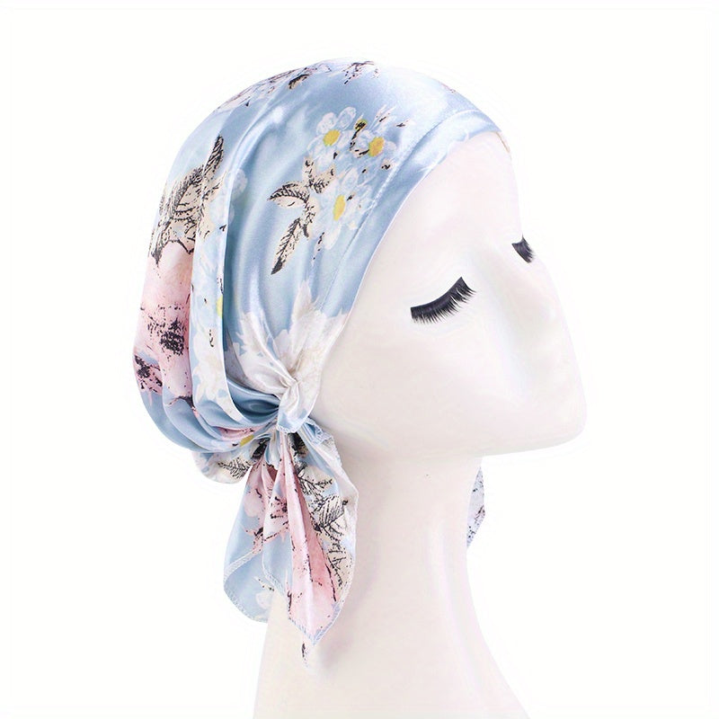 Flower Print Satin Turban Cap for Women Elastic Headwrap Hijab Headband