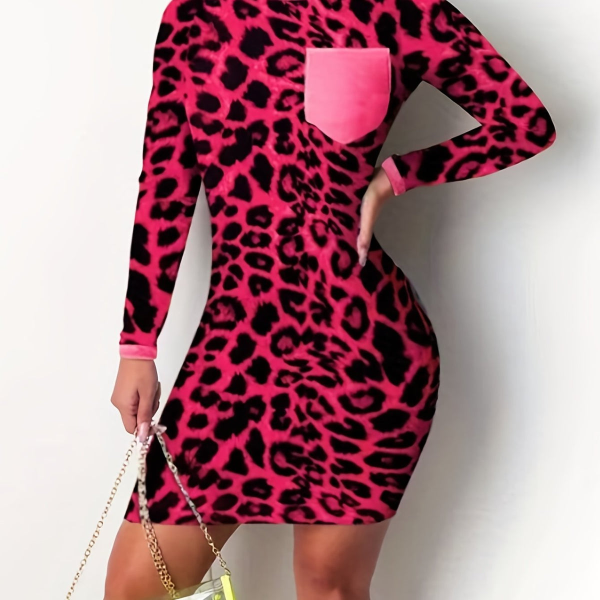  Sexy Leopard Print Long Sleeve Dress With Pockets