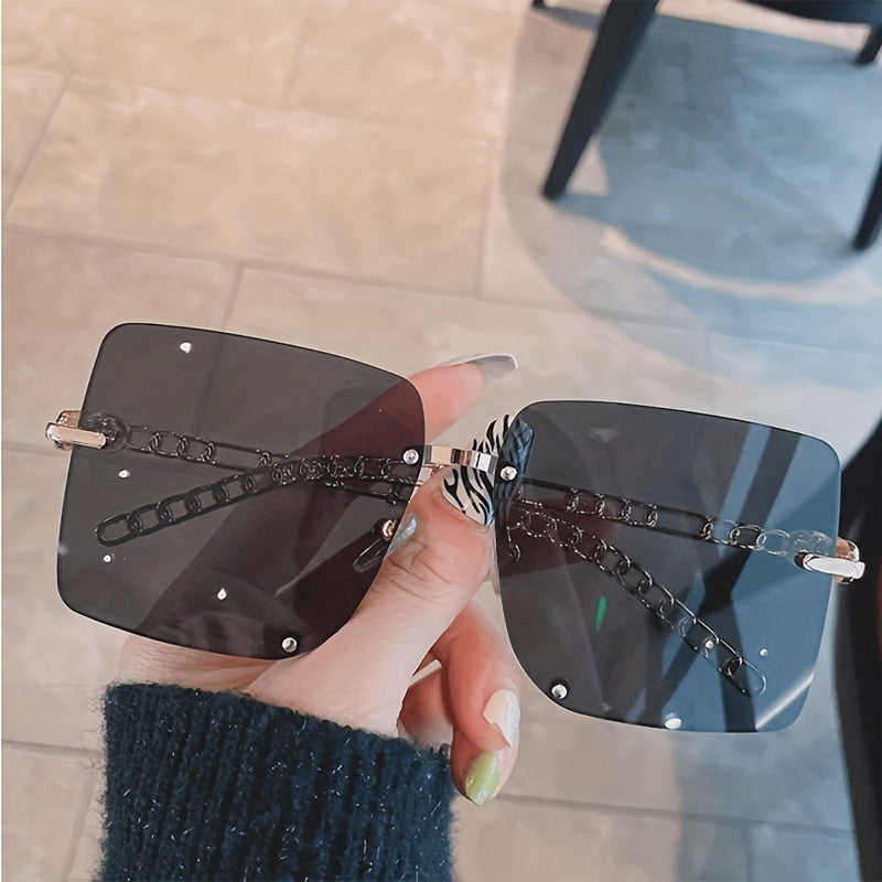Oversized Metal Chain Rimless Sunglasses UV400