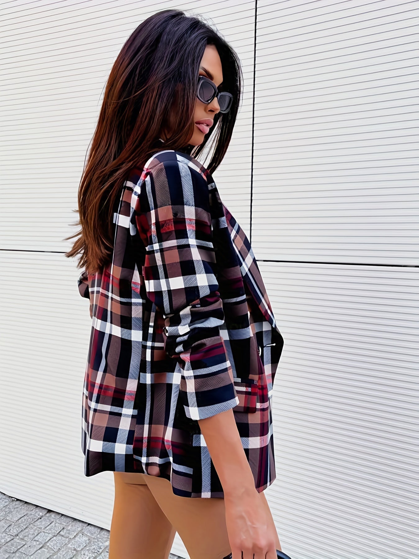  Plaid Print Double Button Blazer
