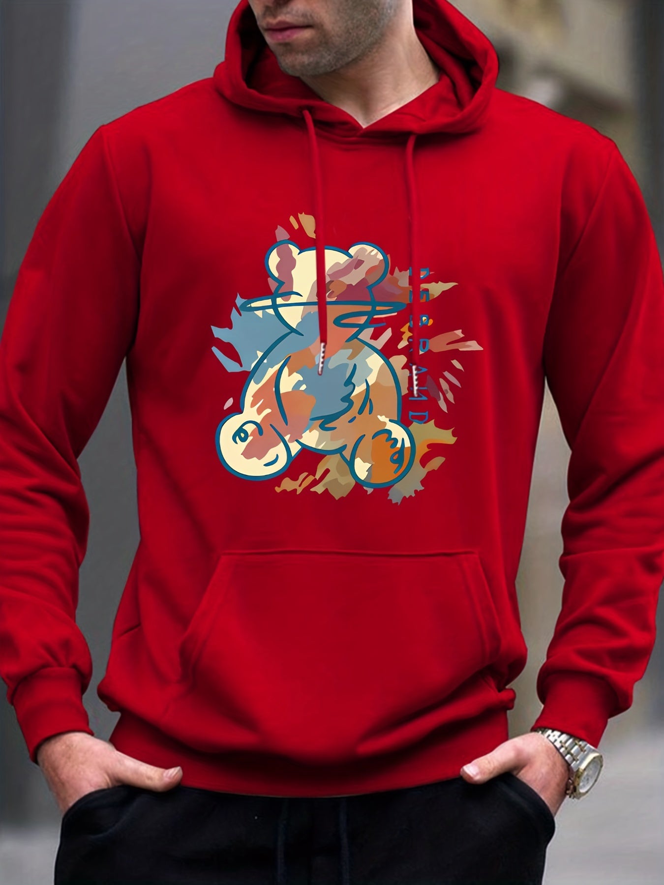 Cartoon Bear Print Hoodie Men's Graphic Pullover Hoodie