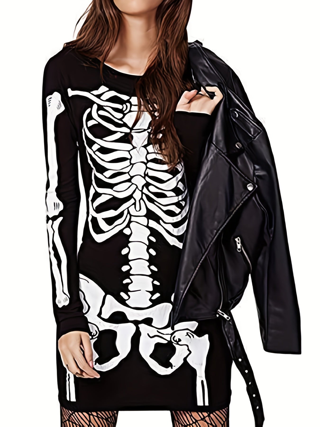  Skeleton Print Long Sleeve Bodycon Midi Dress