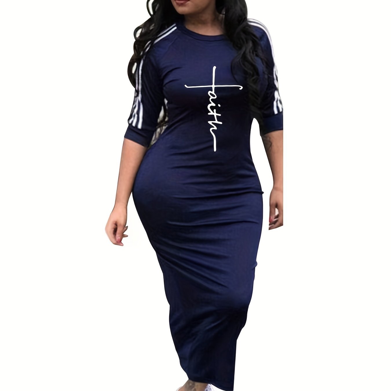 Plus Letter & Stripe Half Sleeve Maxi Dress