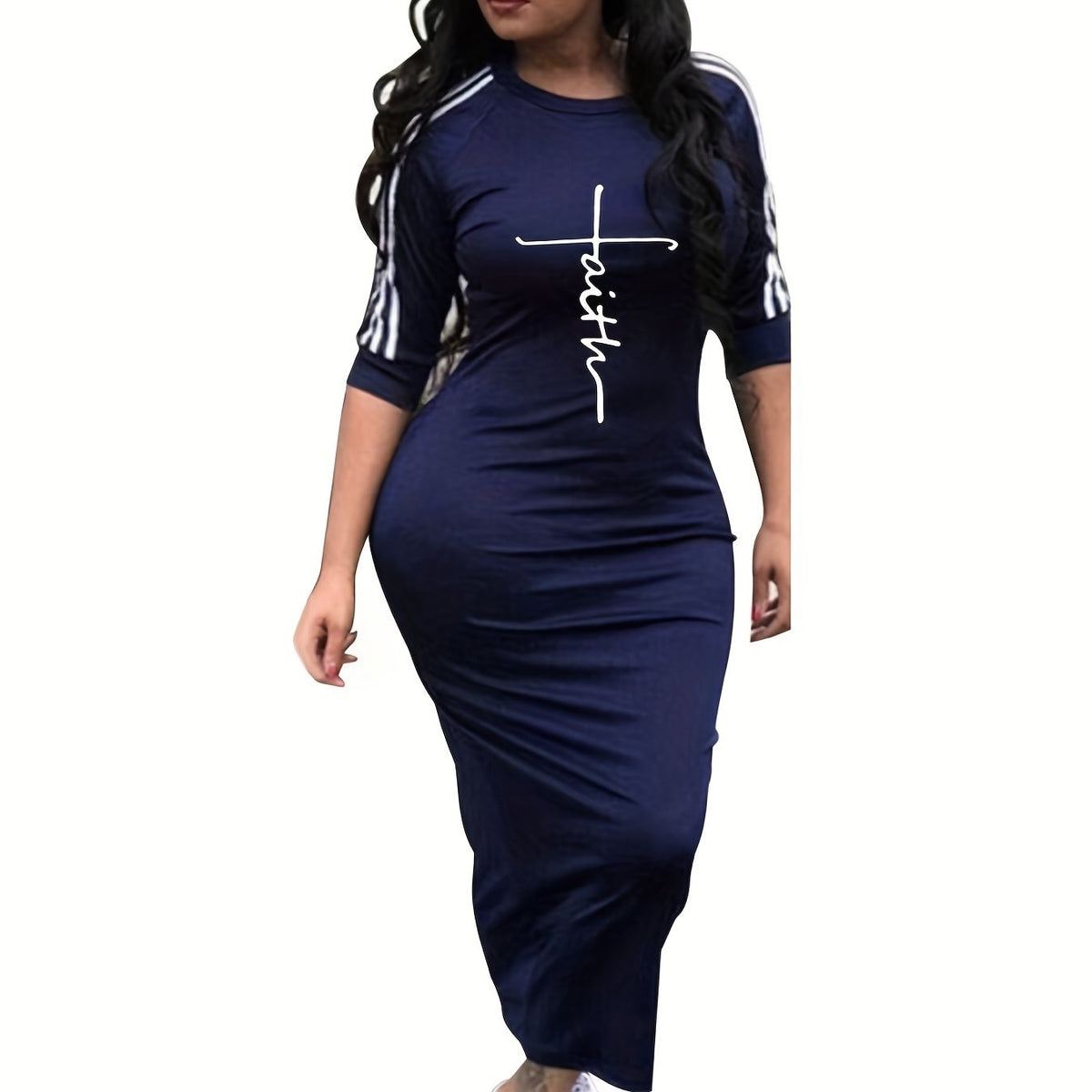 Plus Letter & Stripe Half Sleeve Maxi Dress