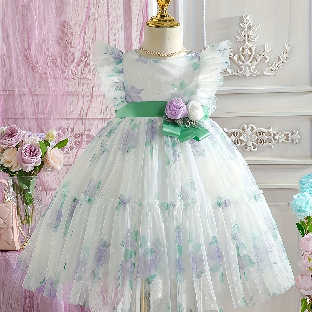 Girls' Romantic Rose Dress Mesh Princess Dress With Flutter Sleeve