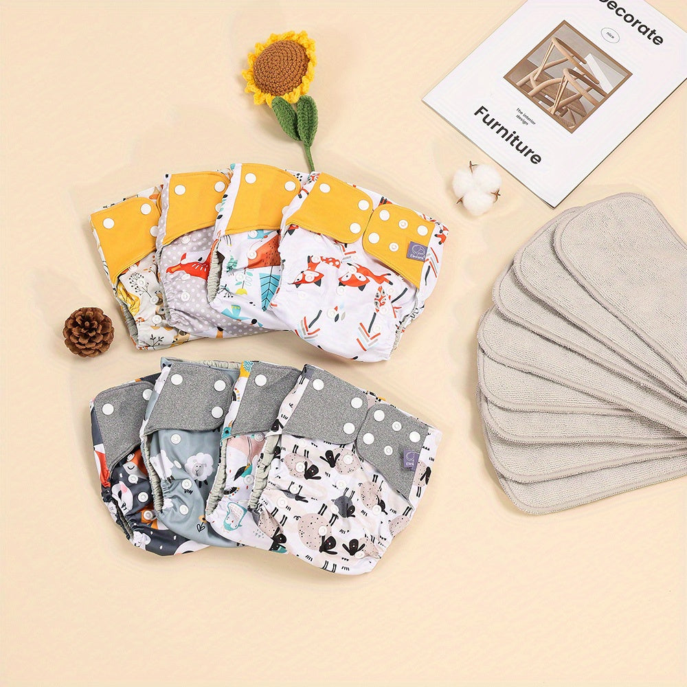 Animal Print Waterproof 8pcs Cloth Diapers & Absorbent Inserts