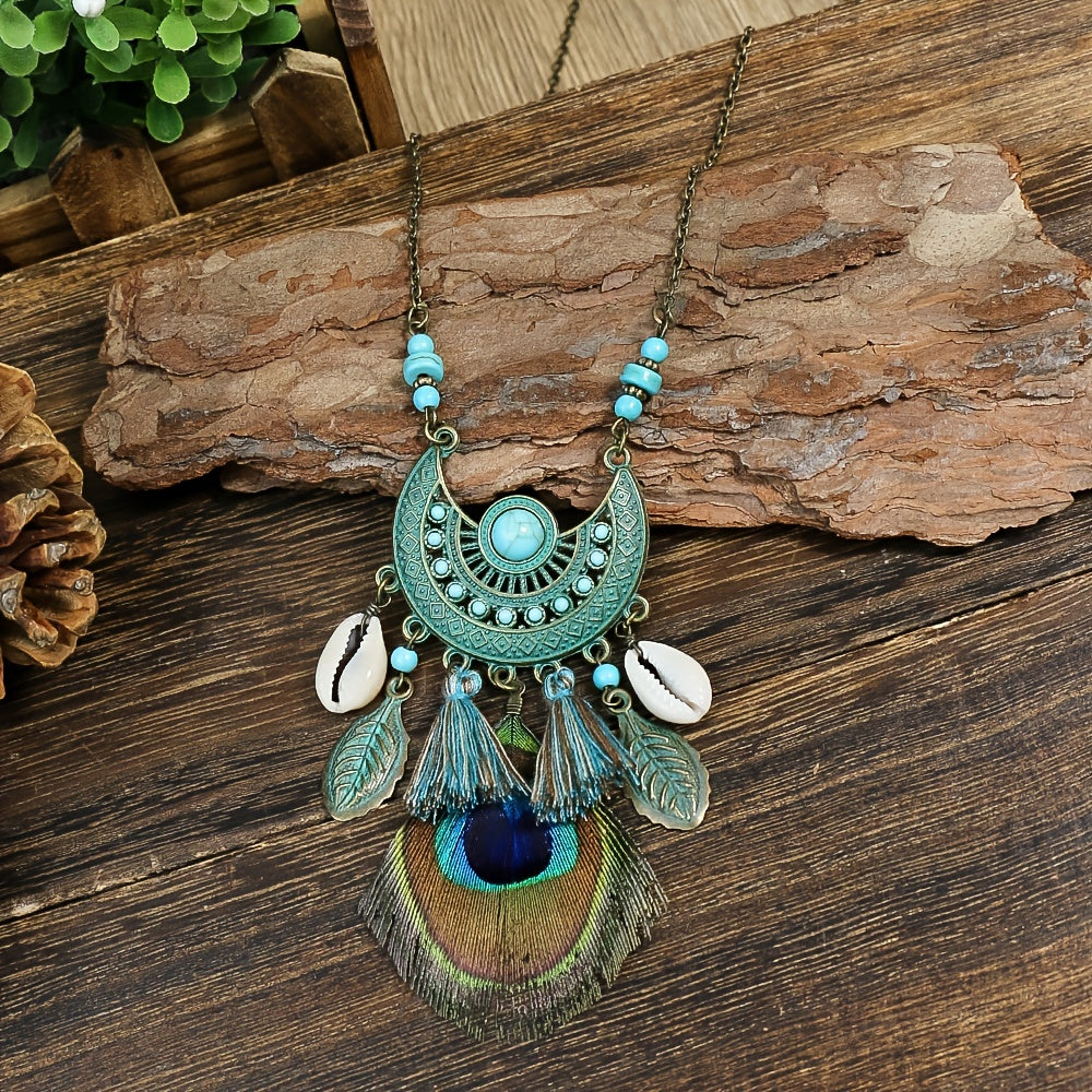 Boho Style Pendant Necklace Feather Tassel & Shell Pendant