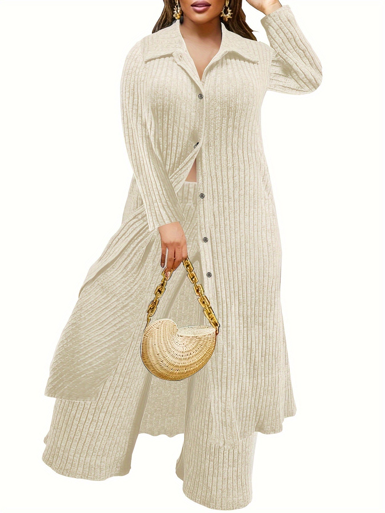  Ribbed Button Up Long Sleeve Polo Neck Blouse & Pants Set