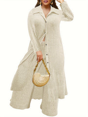  Ribbed Button Up Long Sleeve Polo Neck Blouse & Pants Set