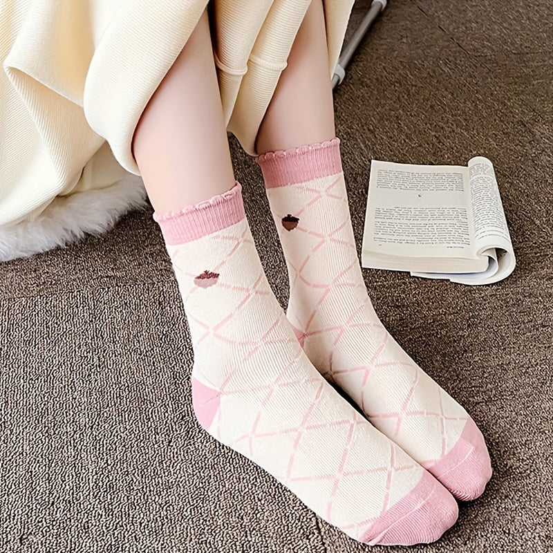 5 Pairs Cartoon Print Socks Cute & Comfy Mid Tube Stockings Women's Hosiery