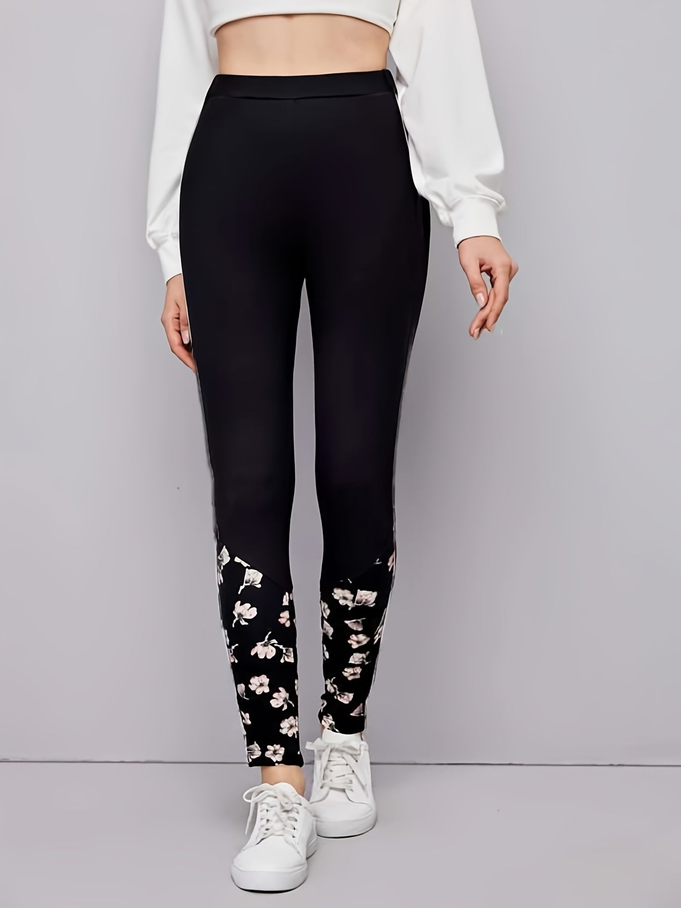  Floral Print Casual Leggings Elastic High Rise