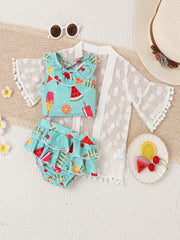 3pcs Watermelon Graphic Tank Top & Trunk & Cover Swimsuit Set