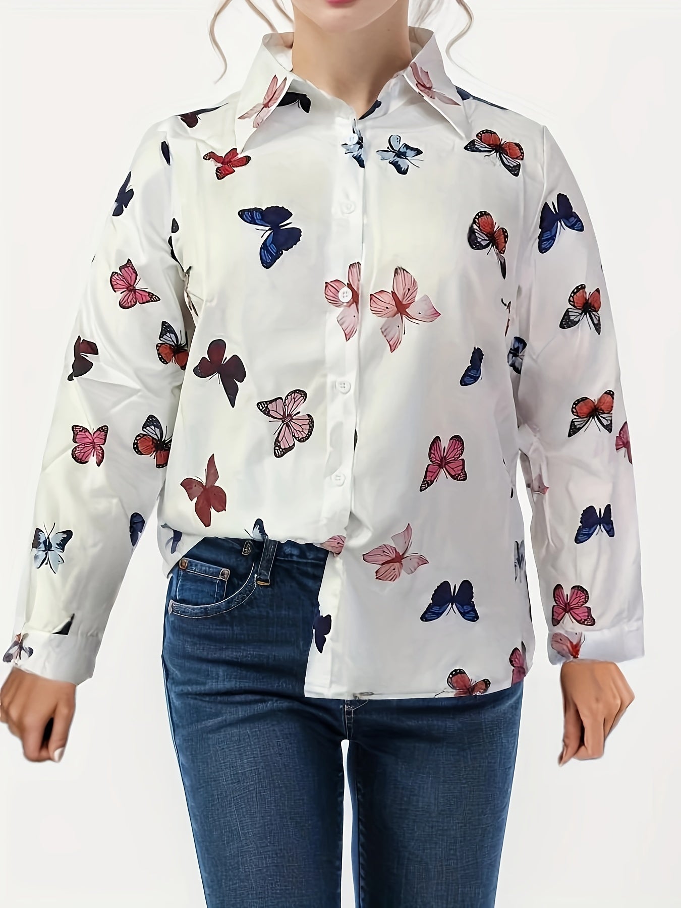  Butterfly Print Button Up Long Sleeve Blouse
