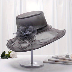 Organza Sun Hat Wide Brim Solid Derby Hat Ruffles Flower Beach Hats