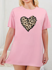  Leopard Heart Print Short Sleeve Round Neck Sleep Dress