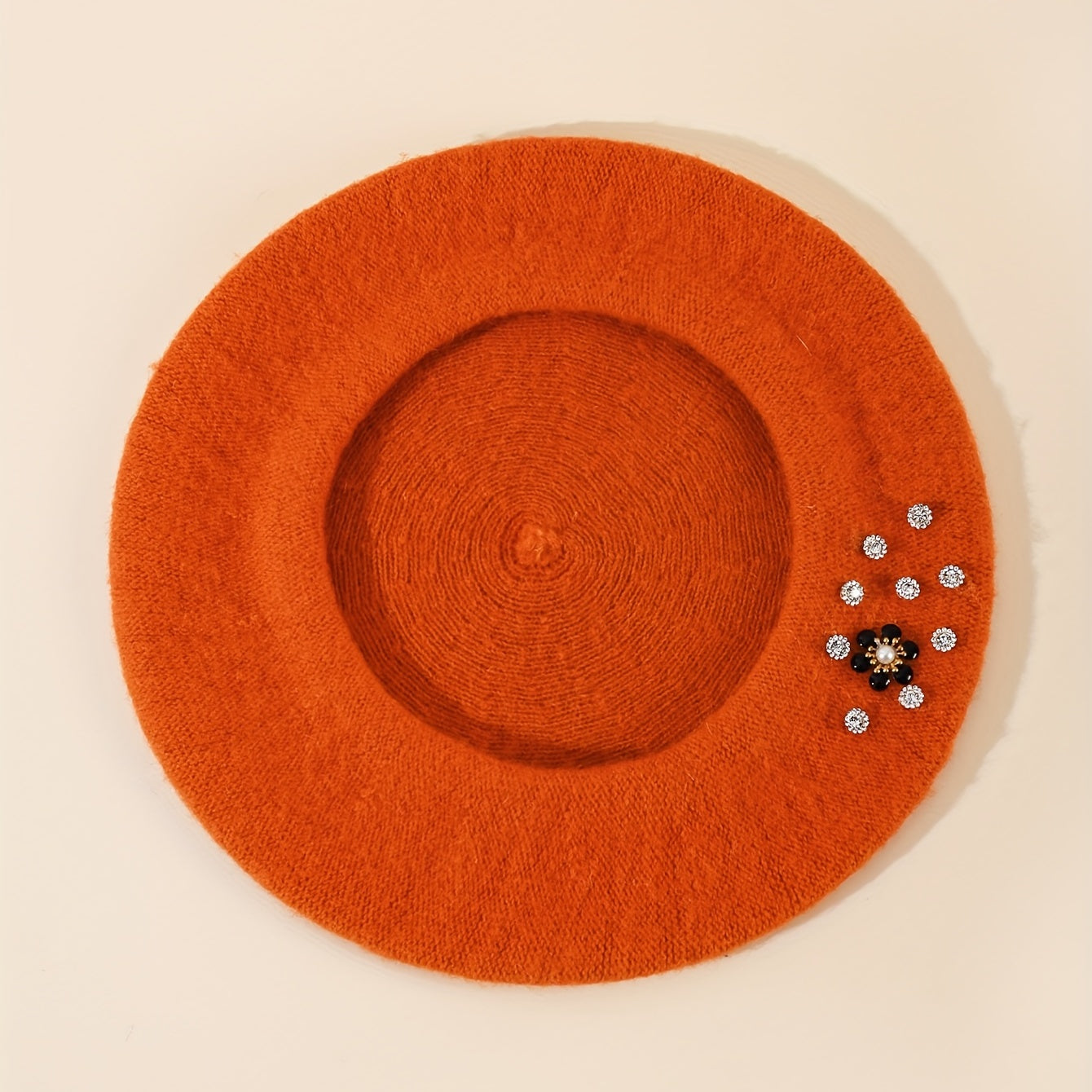 Orange Beads Flower Beret Cap Women Warm Elastic Berets Beanie
