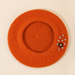 Orange Beads Flower Beret Cap Women Warm Elastic Berets Beanie